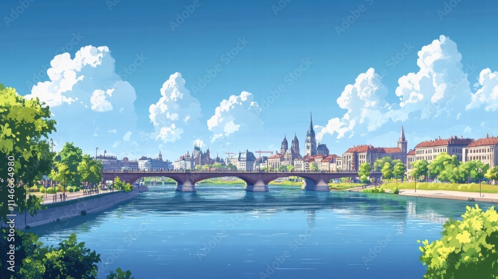 Naklejka premium sunny cityscape river bridge landscape