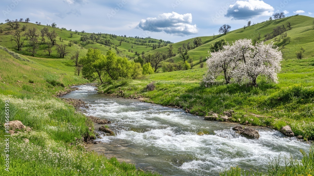 Serene Spring Creek Flowing Through Green Hills Serene Spring Creek Flowing Through Green Hills