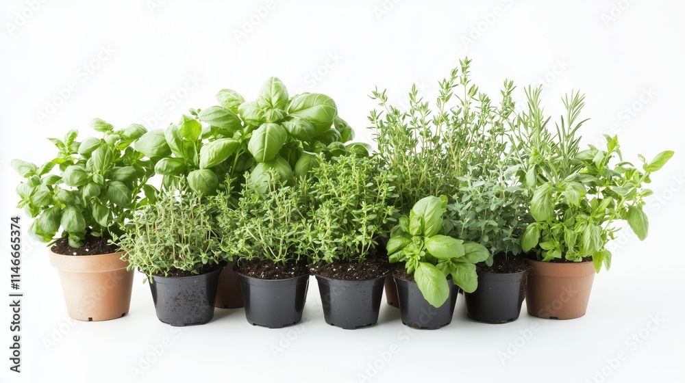 A row of potted herbs including basil, parsley, and rosemary. The herbs are in black pots and are lined up on a white background A row of potted herbs including basil, parsley, and rosemary. The herbs are in black pots and are lined up on a white background