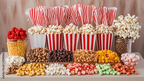 A table full of popcorn and other snacks. The popcorn is in red and white bags and is in various colors