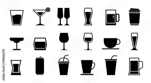 Drinks and Beverage Icon set, Isolated Cocktail and Alcohols vector black symbol, Bar's menu graphic elements, Beer glass, Vodka, Soda and juice illustration, editable