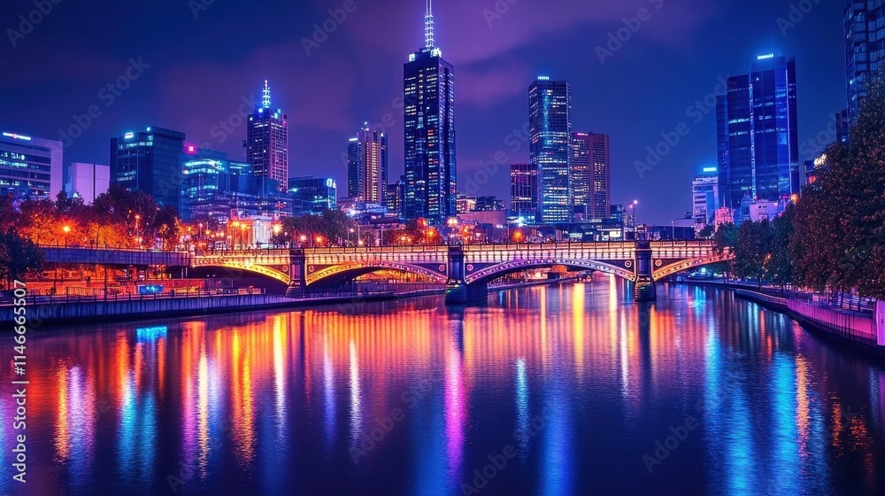 Fototapeta premium melbourne city night skyline river reflection