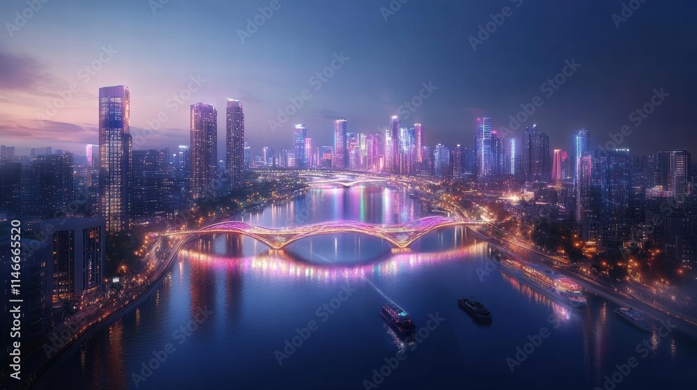 Fototapeta premium night view of modern city skyline with illuminated bridge