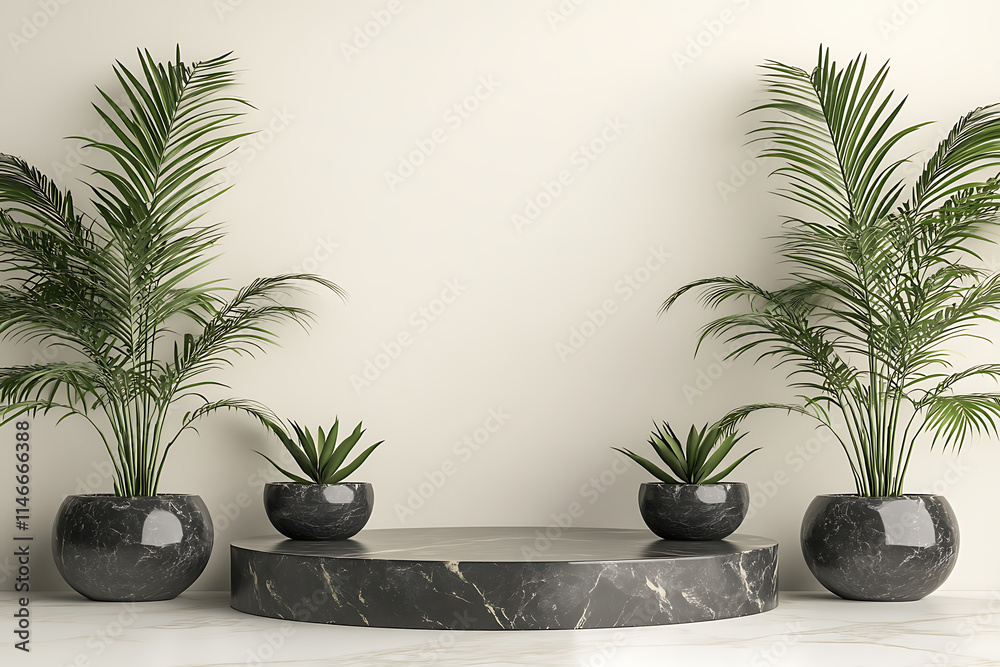 Modern Plant Display with Marble Pots Modern Plant Display with Marble Pots