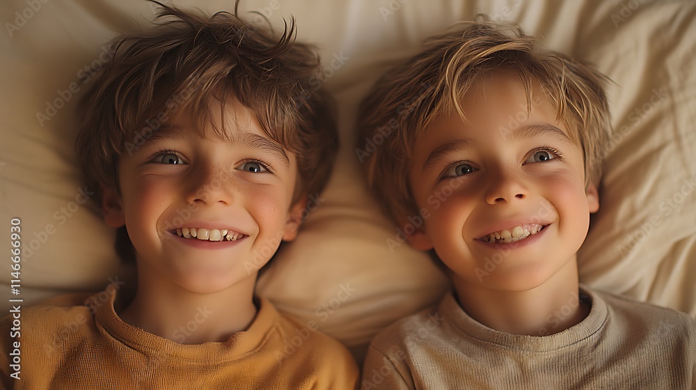 Two Smiling Brothers Lying In Bed Together Two Smiling Brothers Lying In Bed Together