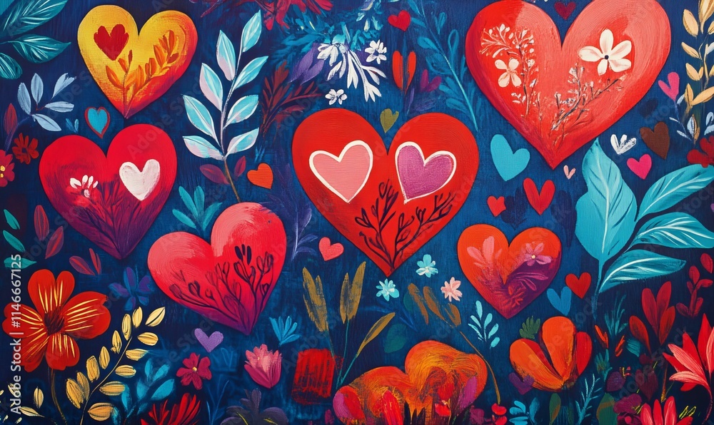 Fototapeta premium Vibrant hearts, flowers, leaves; colorful, painted artwork.