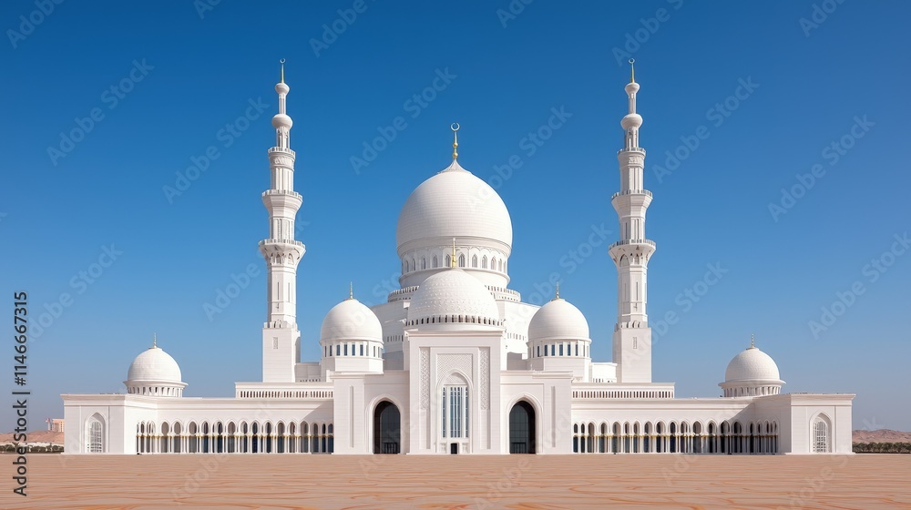 Obraz premium Symmetrical front view of a grand white mosque with towering minarets and domes under a clear blue sky.