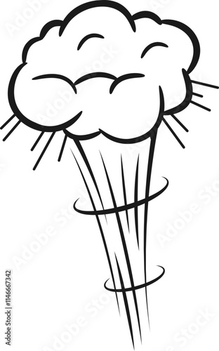 Cartoon explosion smoke cloud expanding and swirling downwards, featuring a hand drawn black and white illustration, isolated against a clean white background, capturing dynamic motion and energy