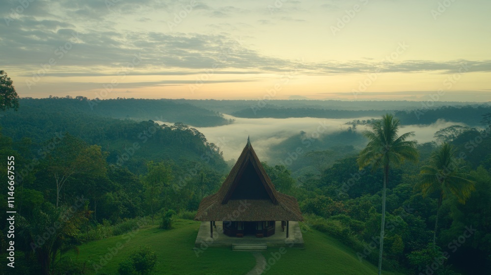 Serene Sunrise Over Misty Valley and Tropical House Serene Sunrise Over Misty Valley and Tropical House