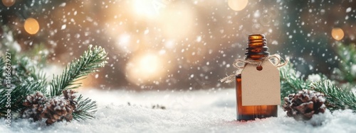 Christmas essential oil on winter background. Selective focus.