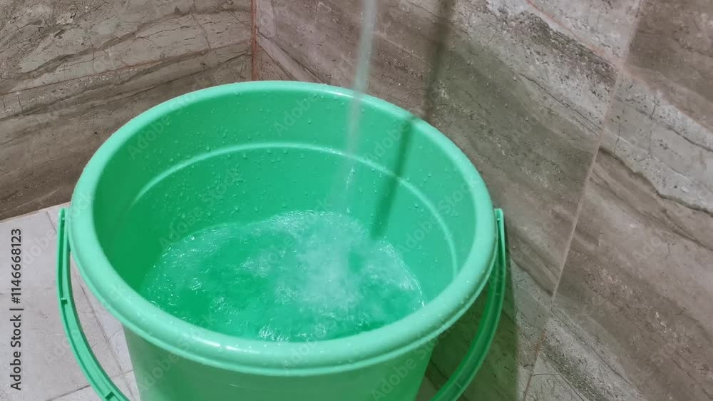 Filling clean tap water into a green plastic bucket in the bathroom Filling clean tap water into a green plastic bucket in the bathroom