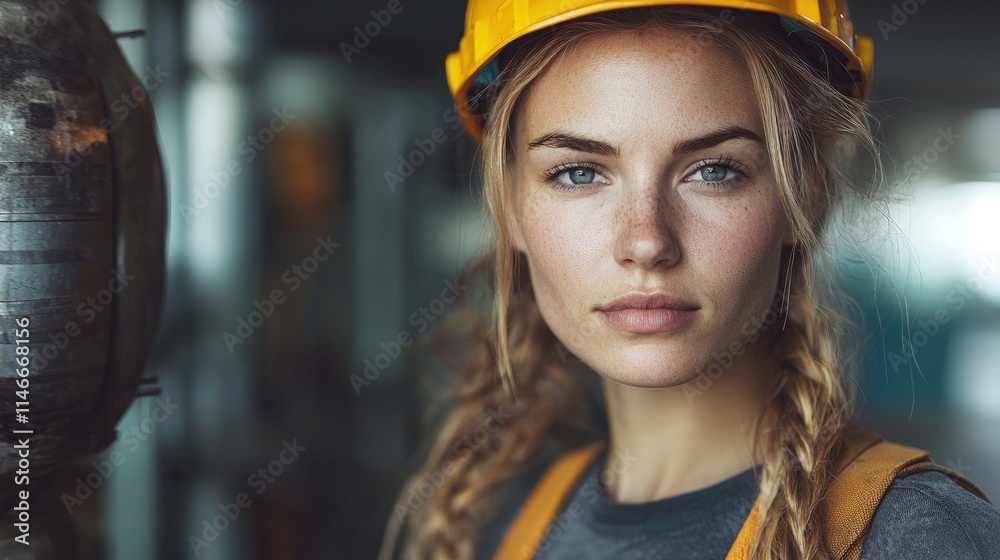 Close-up portrait of a young female construction worker wearing a yellow hard hat. Close-up portrait of a young female construction worker wearing a yellow hard hat.