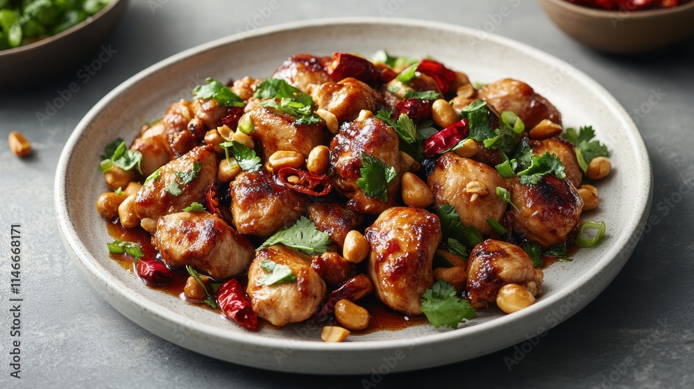Vibrant stir-fried kung pao chicken with peanuts home kitchen food photography modern setting close-up culinary delight Vibrant stir-fried kung pao chicken with peanuts home kitchen food photography modern setting close-up culinary delight