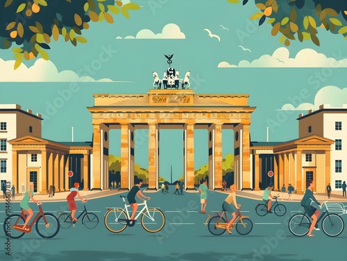Cycling past the iconic Brandenburg Gate in a vibrant urban setting in Berlin