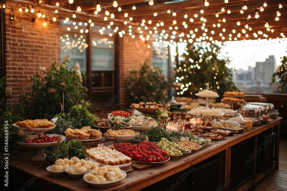 A beautifully arranged buffet with various dishes and decorations under string lights. A beautifully arranged buffet with various dishes and decorations under string lights.