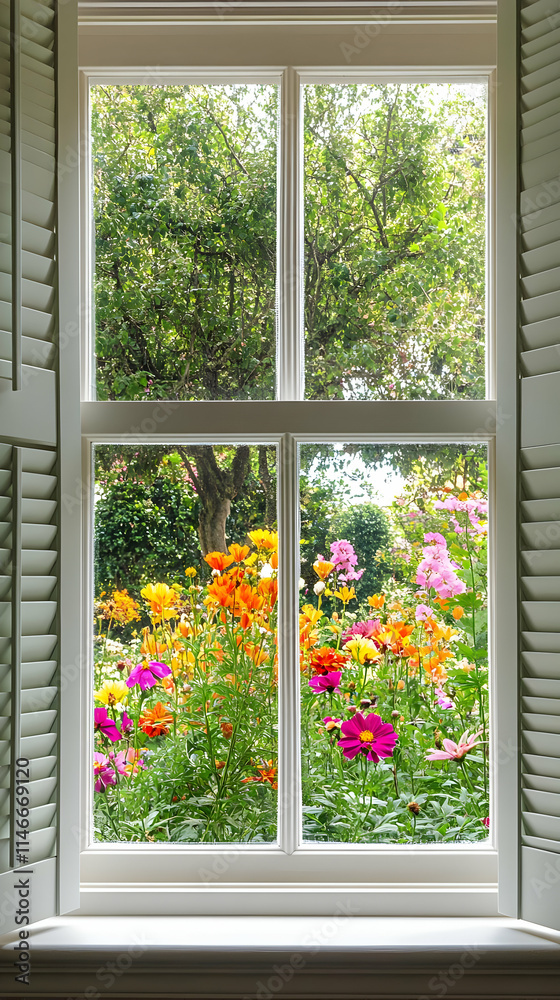 Fototapeta premium A vibrant garden view through a window, showcasing colorful flowers and greenery.