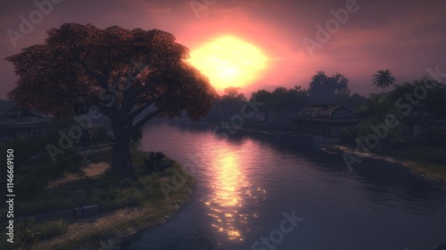 Serene Sunset Over Tropical River Village Scene