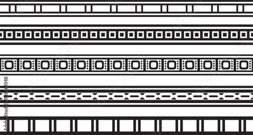 Vector set of black monochrome seamless Egyptian borders. Endless Ornaments of Ancient Egypt. Geometric African frame