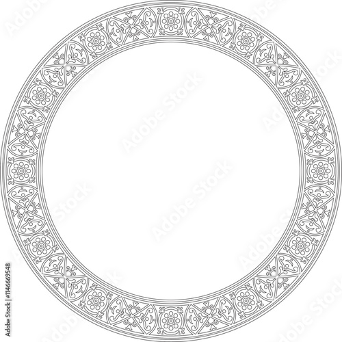 Vector round black contour border, frame, Pompeii ring. Circle Neopolitan ornament. Art of Ancient Rome. Template for stained glass