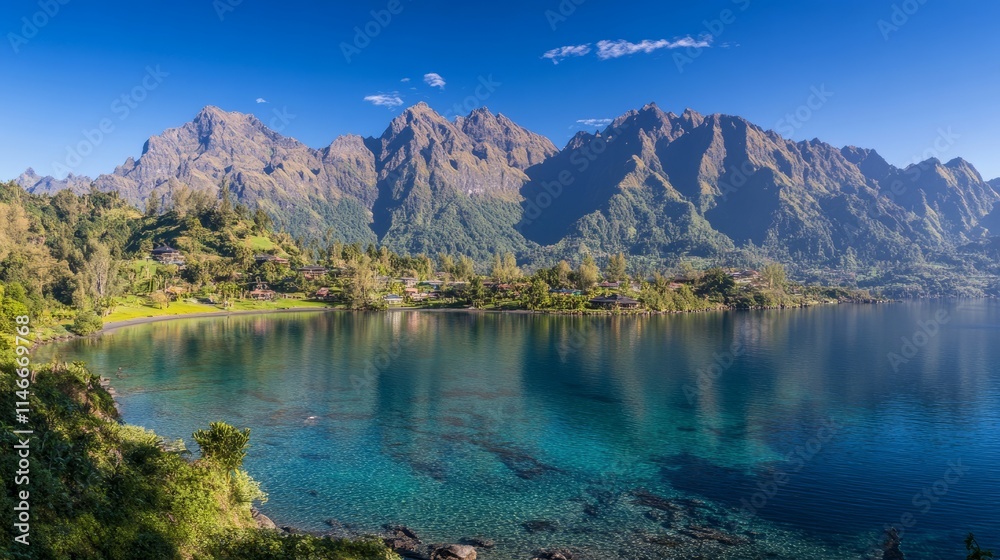 Fototapeta premium Serene Tropical Bay Nestled Among Majestic Mountains