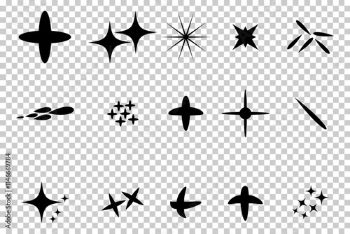 Collection of Black Sparkle and Star Icons - Decorative Silhouettes on Transparent Background