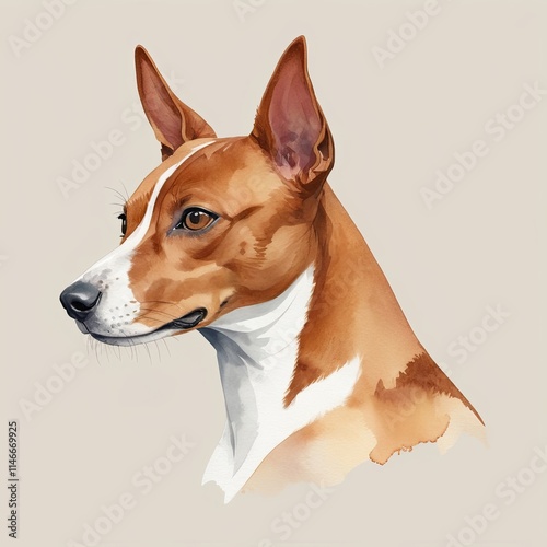 A watercolor painting of a Basenji dog. The dog's reddish-brown fur and white markings are beautifully depicted. The painting evokes a sense of calm and elegance. photo