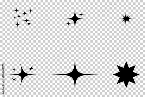 Collection of Black Sparkle and Star Icons - Decorative Silhouettes on Transparent Background