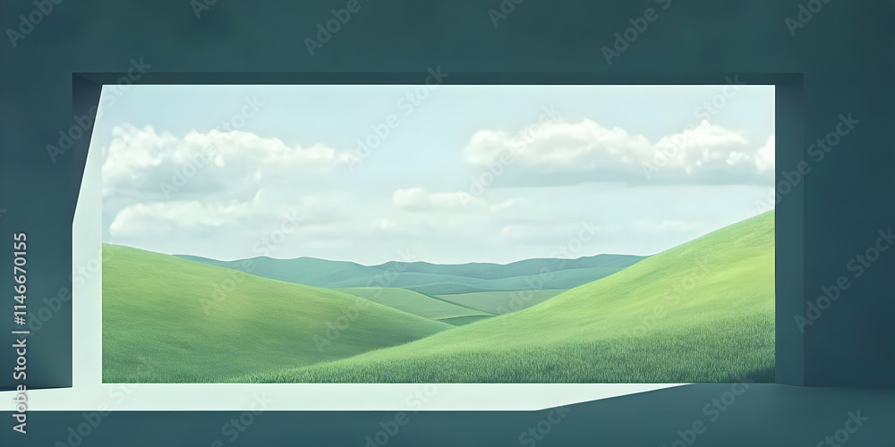 Fototapeta premium A serene view of rolling green hills framed by a modern window.