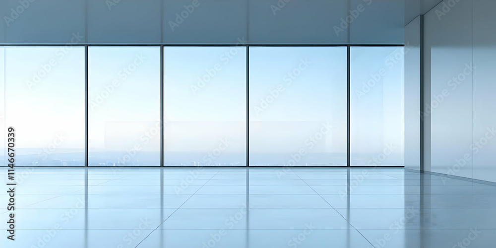 A minimalist interior with large glass windows showcasing a clear sky and distant horizon. A minimalist interior with large glass windows showcasing a clear sky and distant horizon.