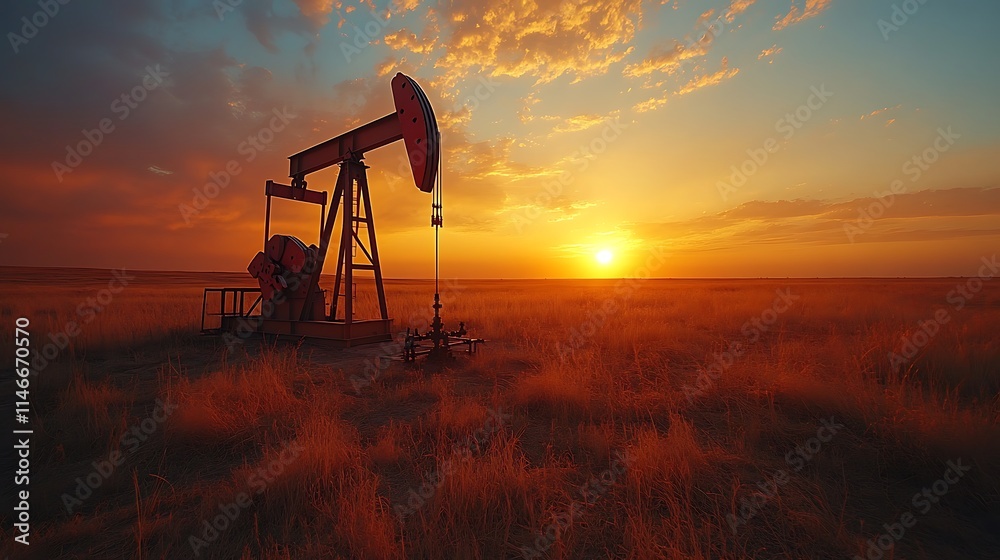 Naklejka premium Oil Pump Jack at Sunset in a Grassy Field