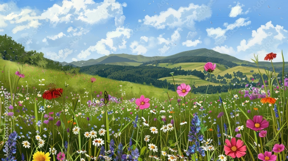 Obraz premium Vibrant Wildflower Meadow with Mountain Panorama