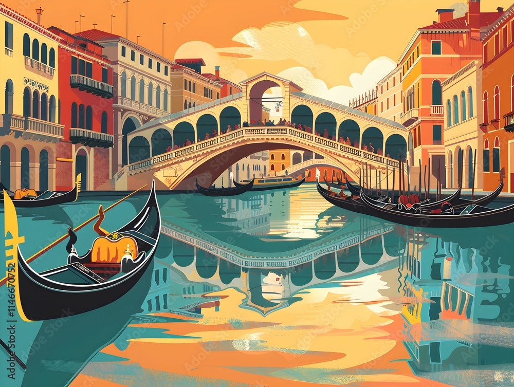 Fototapeta premium Gondolas glide under the Rialto Bridge in a colorful Venetian sunset