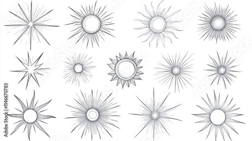 Abstract sun burst collection - hand drawn sunshine lines set. Sunshine and sunburst radial shape, star line burst, vector illustration, Sunburst gold vintage explosion. Handdrawn vector Design.