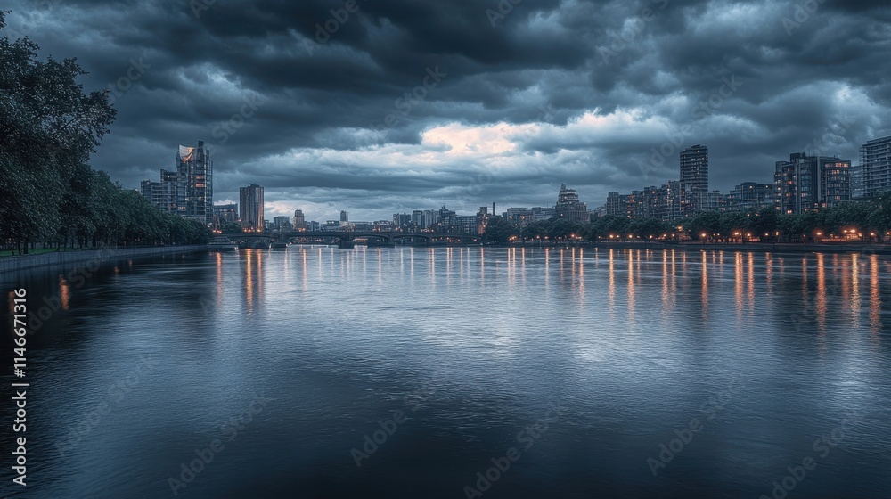 Fototapeta premium cityscape at dusk river reflection stormy sky