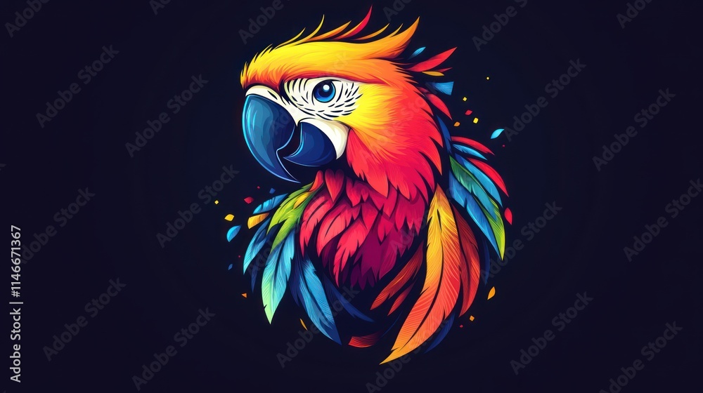 A vibrant, artistic depiction of a parrot with colorful feathers against a dark background. A vibrant, artistic depiction of a parrot with colorful feathers against a dark background.