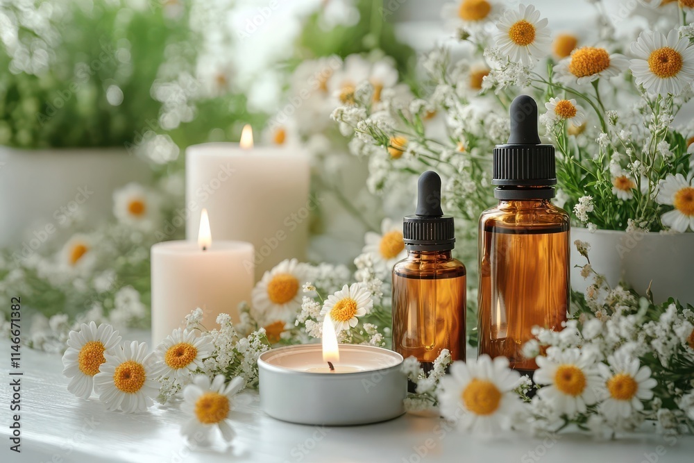 Essential Oils and Candles in Natural Setting Essential Oils and Candles in Natural Setting