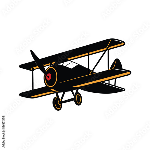 a black and red illustration of an old biplane.