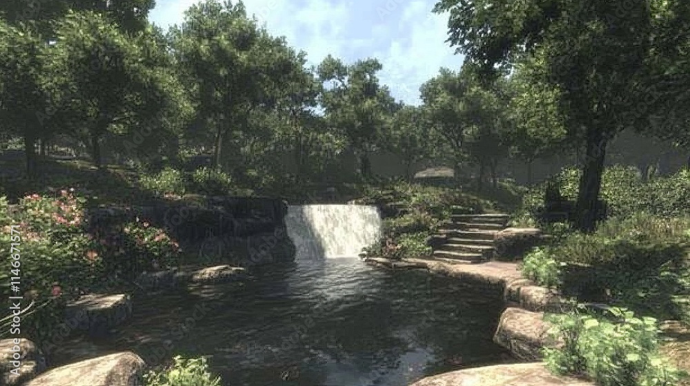 Serene Waterfall in Lush Green Forest Landscape Serene Waterfall in Lush Green Forest Landscape