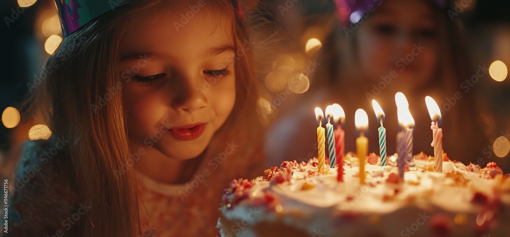 A girl blowing out candles on a birthday cake surrounded by festive lights. A girl blowing out candles on a birthday cake surrounded by festive lights.