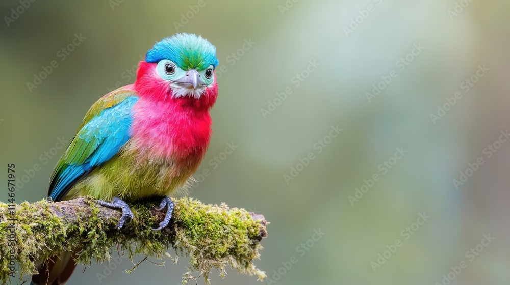 Obraz premium Vibrant colorful bird perched on mossy branch.