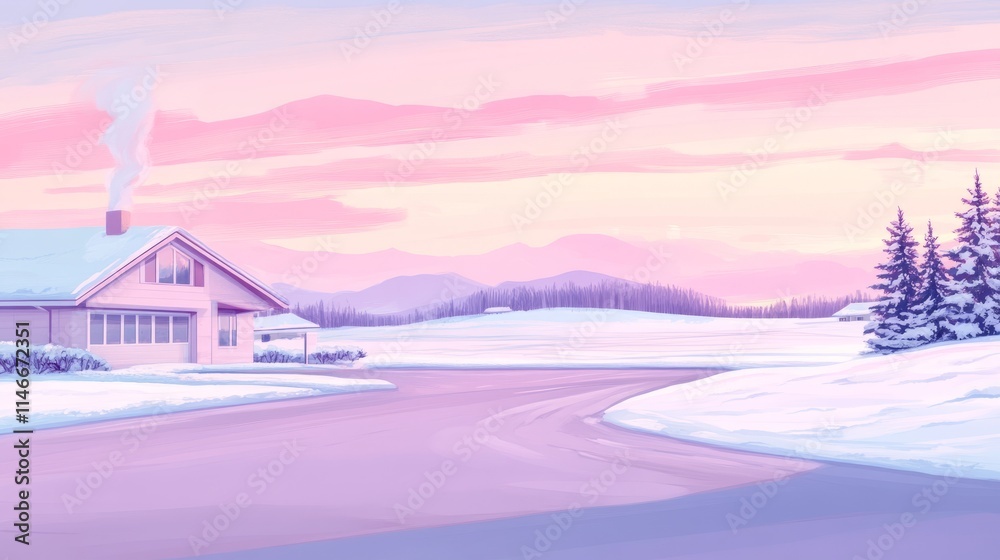 Serene Winter Sunset Over Snowy House and Hills Serene Winter Sunset Over Snowy House and Hills