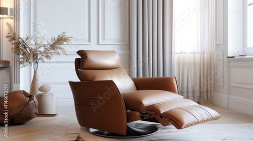 A contemporary recliner with premium leather and a built-in footrest, isolated in a high-end living room setup.
