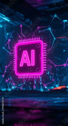 Futuristic AI Chip Neon Glow Digital Network Technology Background