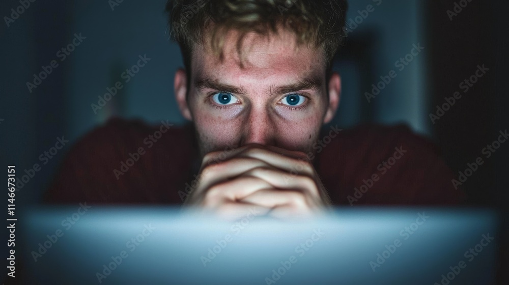 A focused individual stares intently at a laptop screen, illuminated in a dim environment, conveying concentration and curiosity.