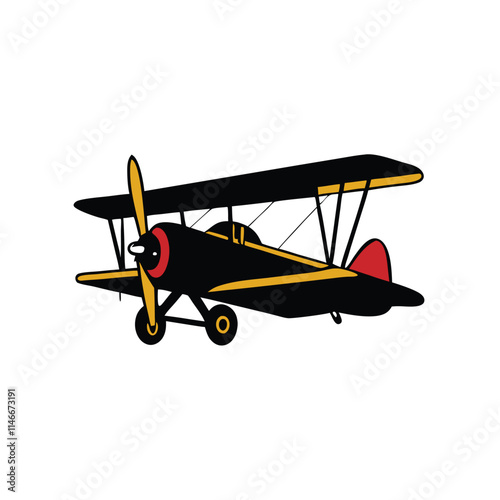 a black and red illustration of an old biplane.