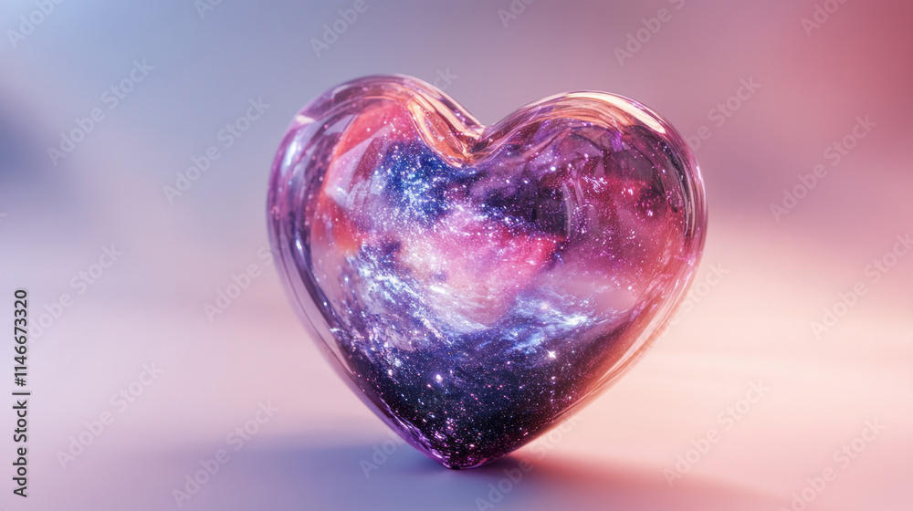 Fototapeta premium A shimmering, cosmic heart-shaped object filled with vibrant colors and stars, symbolizing love and the universe.
