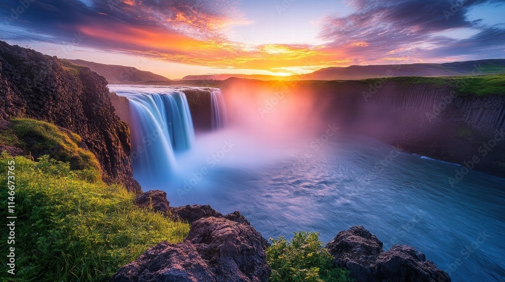 Fototapeta premium majestic waterfall sunset iceland landscape photography