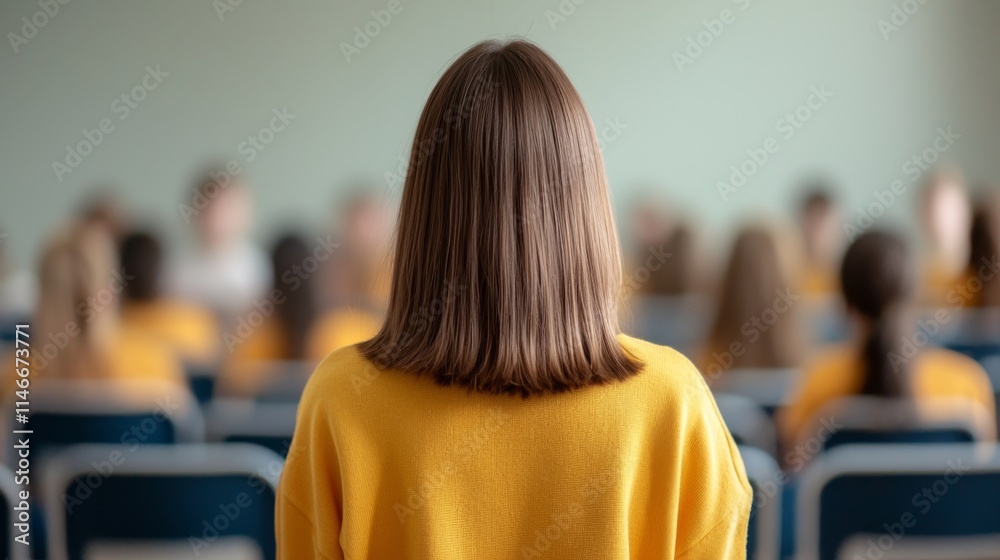 A student in a yellow sweater sits in front of a classroom, facing away from the camera, with peers visible in the background. A student in a yellow sweater sits in front of a classroom, facing away from the camera, with peers visible in the background.