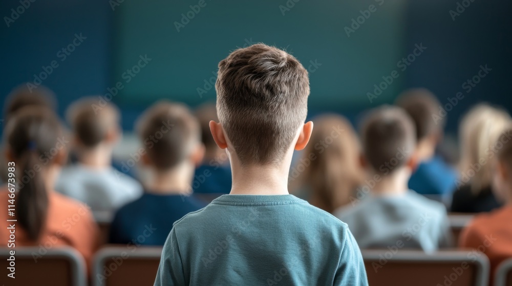 Obraz premium A young boy sits in front of a crowd, facing away, suggesting focus on a presentation or event, embodying curiosity and learning.