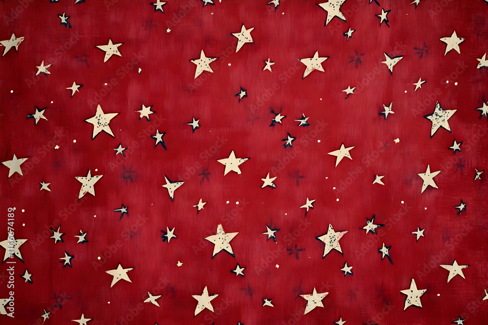A textured red background adorned with various stars in cream and navy blue.
